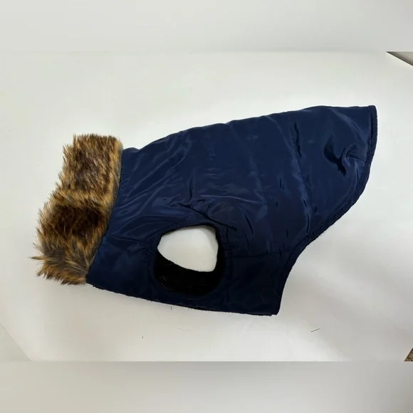 Dog puffer jacket with fur collar navy blue with brown faux fur,‎ size M medium - Picture 2 of 12